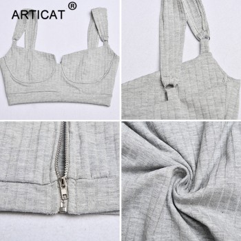 Articat White Two Piece Set Women Knitted Tracksuit Sleeveless Strapless Crop Top And Pants Sexy 2 Piece Sets Womens Outfits Gray